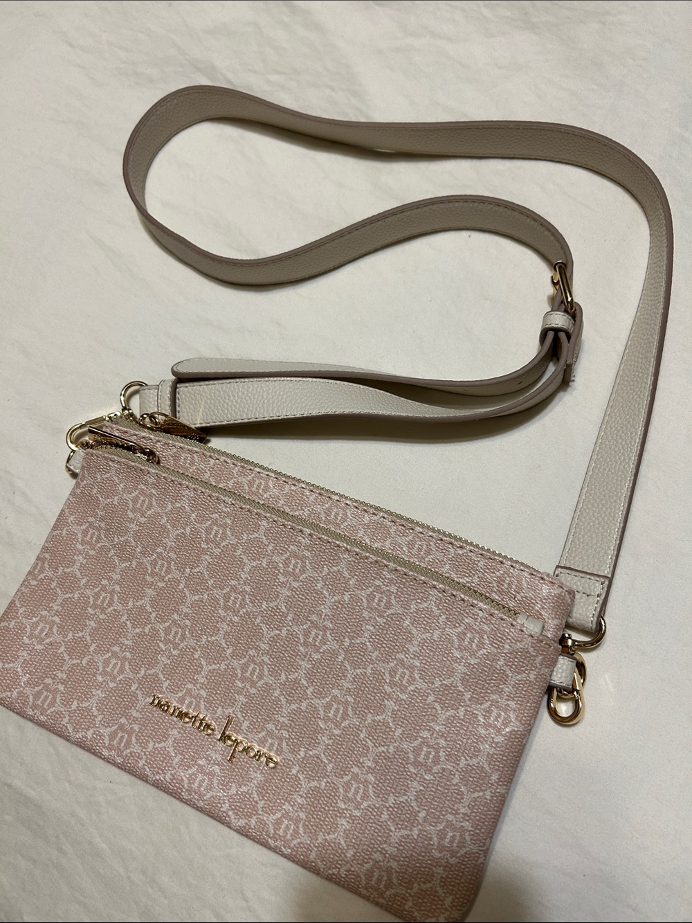 Nanette Lepore Pink Logo Jacquard Crossbody Bag with Gold Hardware